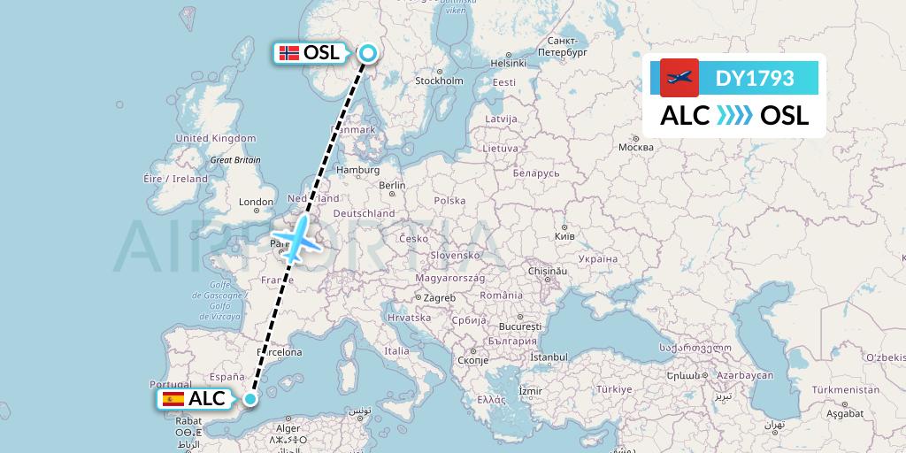 DY1793 Norwegian Flight Map: Alicante to Oslo