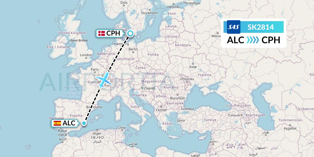 SK2814 SAS Flight Map: Alicante to Copenhagen