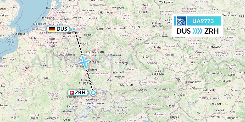 UA9773 United Airlines Flight Map: Dusseldorf to Zurich
