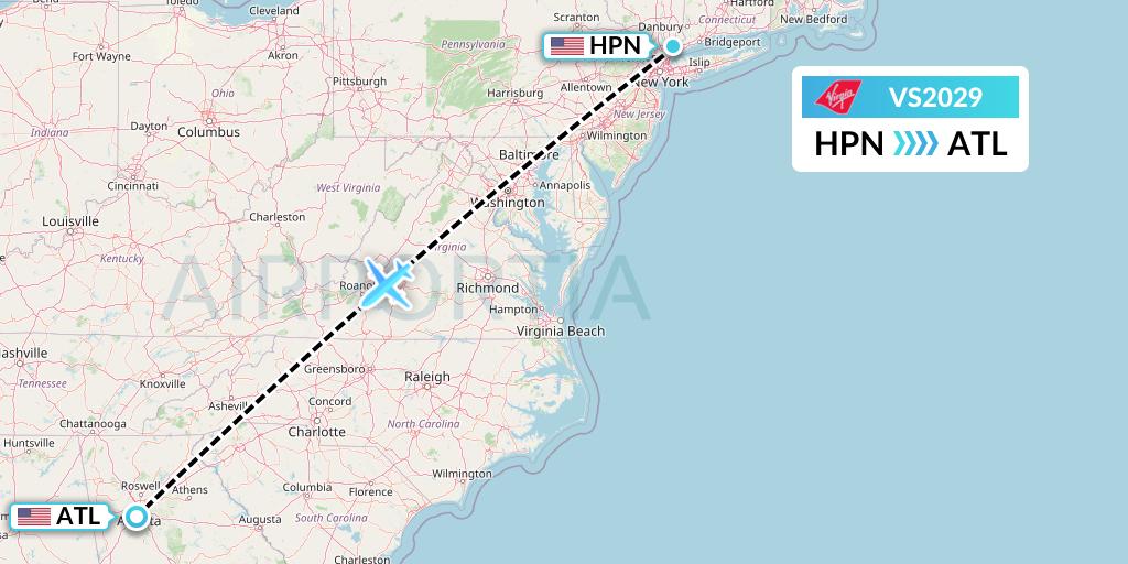 VS2029 Virgin Atlantic Airways Flight Map: White Plains to Atlanta
