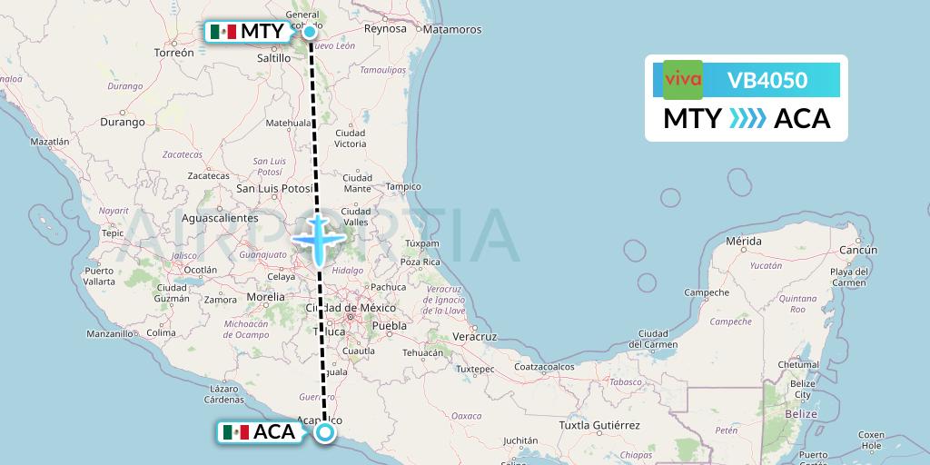 VB4050 VivaAerobus Flight Map: Monterrey to Acapulco