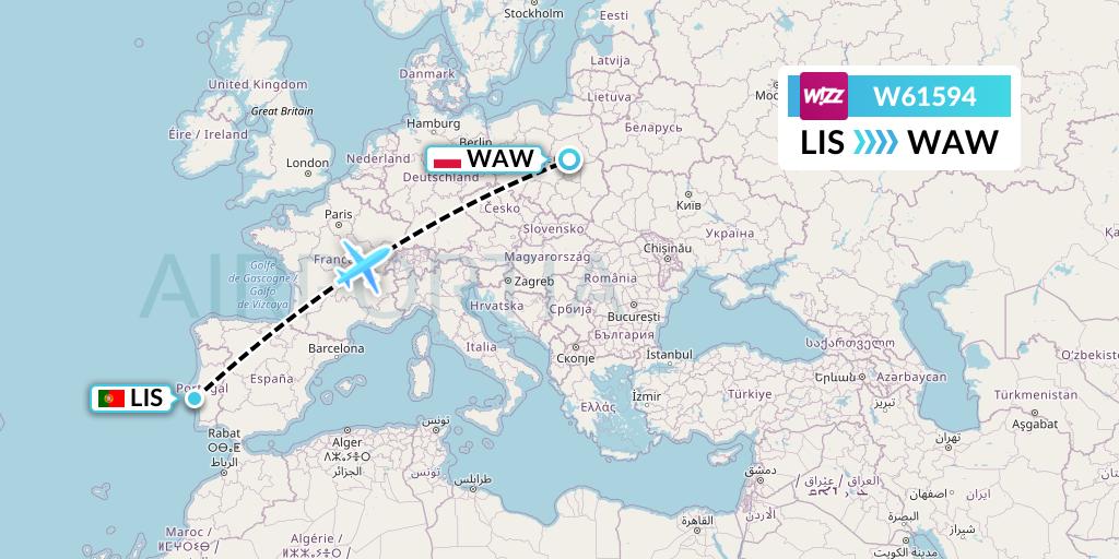 W61594 Wizz Air Flight Map: Lisbon to Warsaw