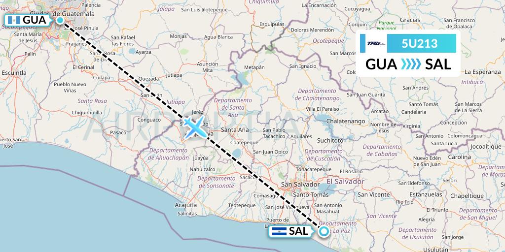 5U213 TAG Airlines Flight Map: Guatemala City to San Salvador