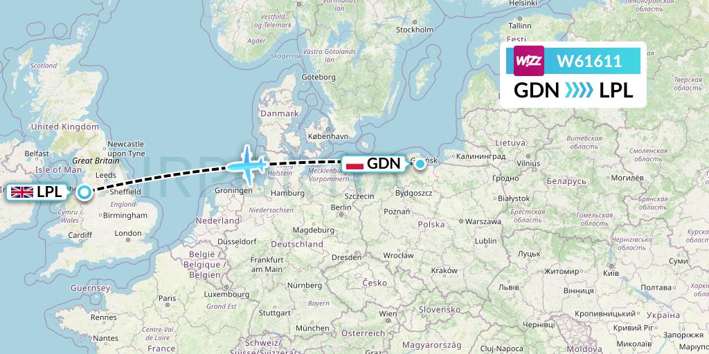 W61611 Wizz Air Flight Map: Gdansk to Liverpool