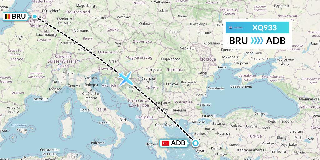 XQ933 SunExpress Flight Map: Brussels to Izmir