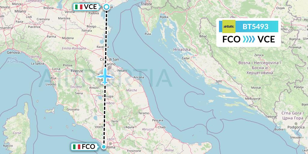 BT5493 Air Baltic Flight Map: Rome to Venice