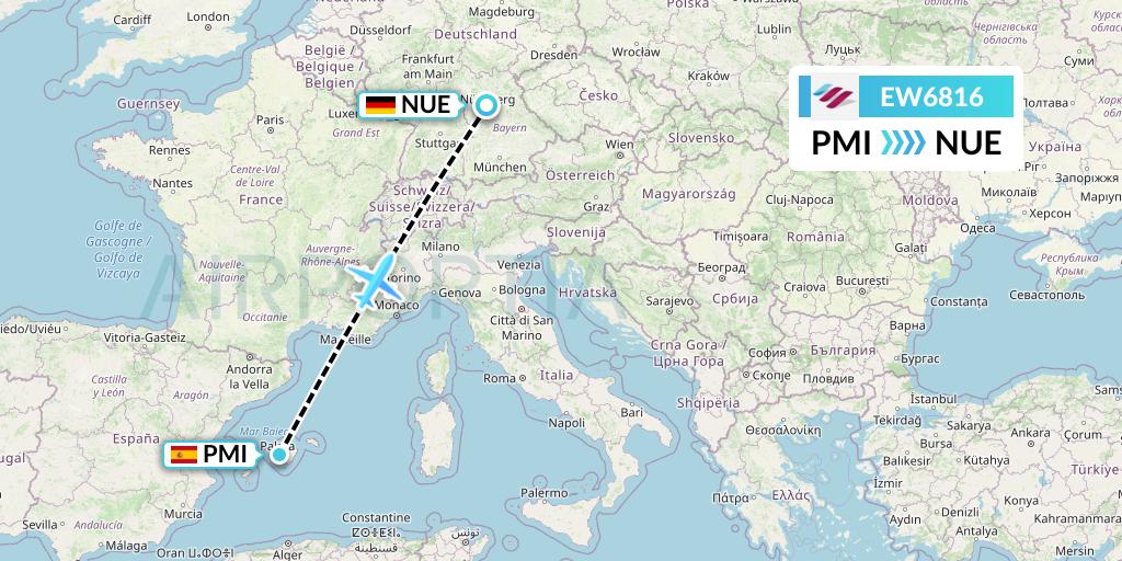EW6816 Eurowings Flight Map: Palma de Mallorca to Nurnberg