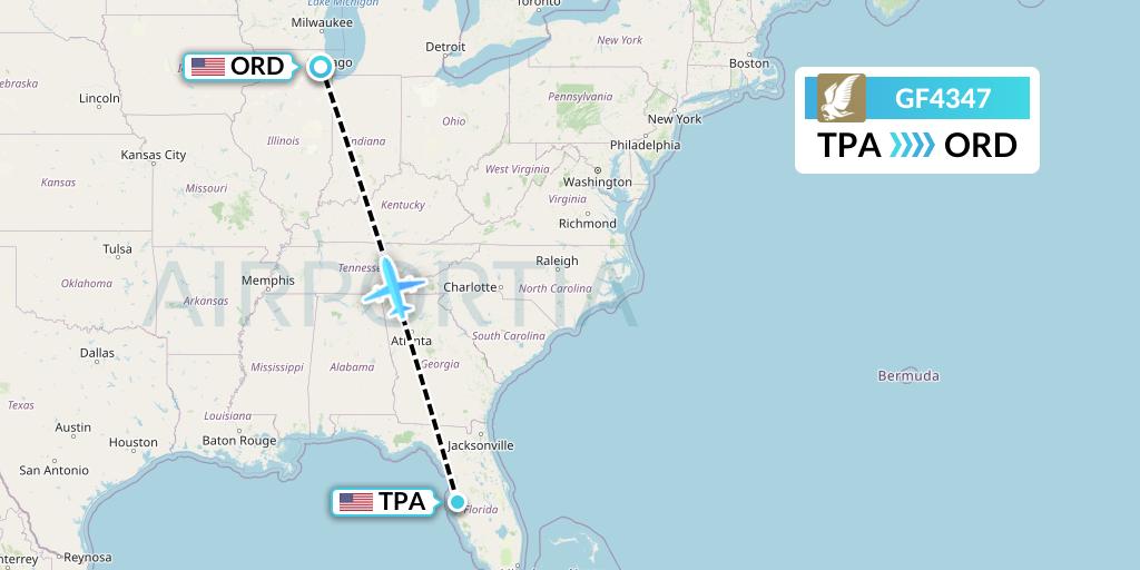 GF4347 Gulf Air Flight Map: Tampa to Chicago