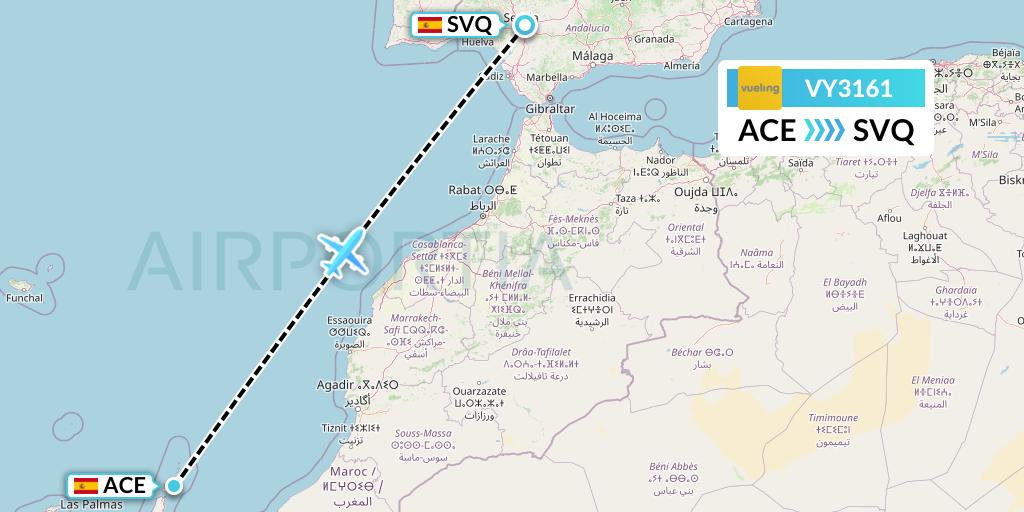 VY3161 Vueling Flight Map: Lanzarote to Seville