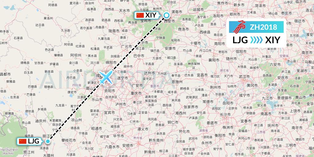 ZH2018 Shenzhen Airlines Flight Map: Lijiang to Xi'an