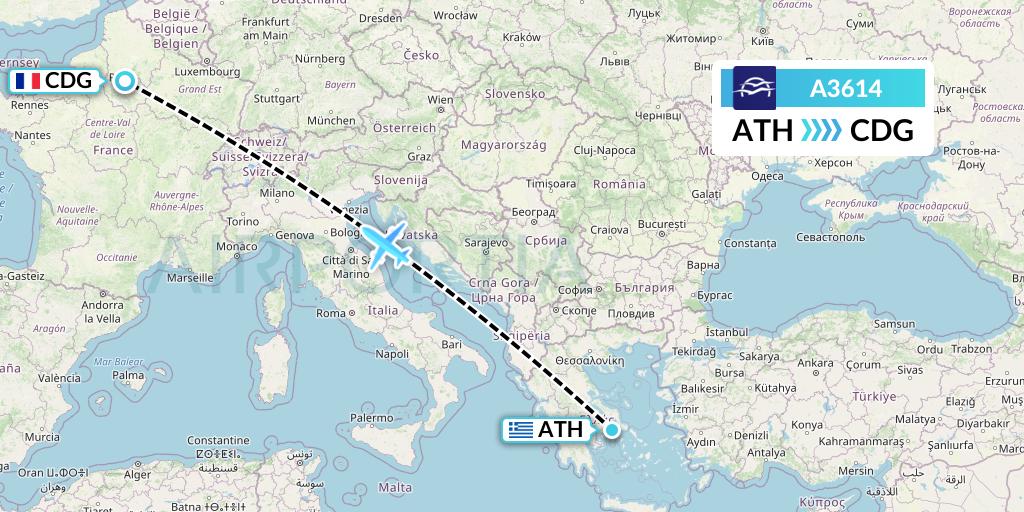 A3614 Aegean Airlines Flight Map: Athens to Paris