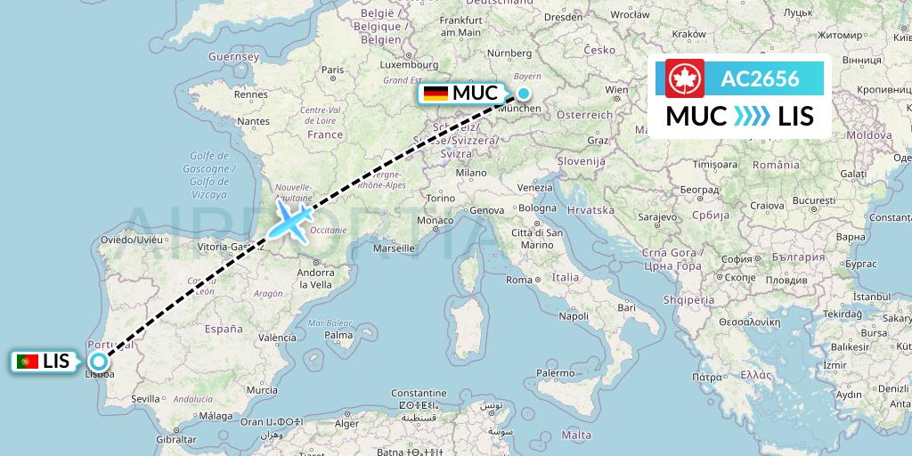 AC2656 Air Canada Flight Map: Munich to Lisbon