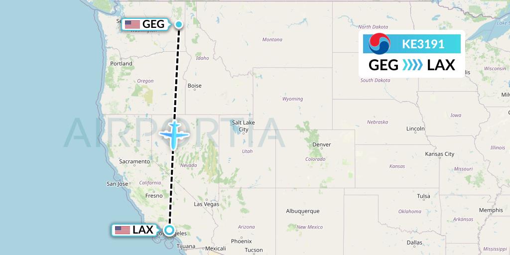 KE3191 Korean Air Flight Map: Spokane to Los Angeles