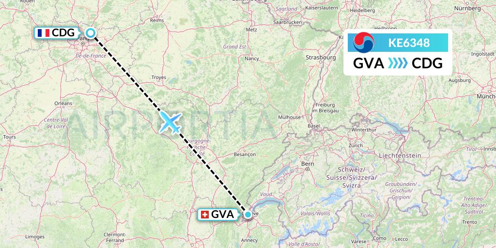 KE6348 Korean Air Flight Map: Geneva to Paris