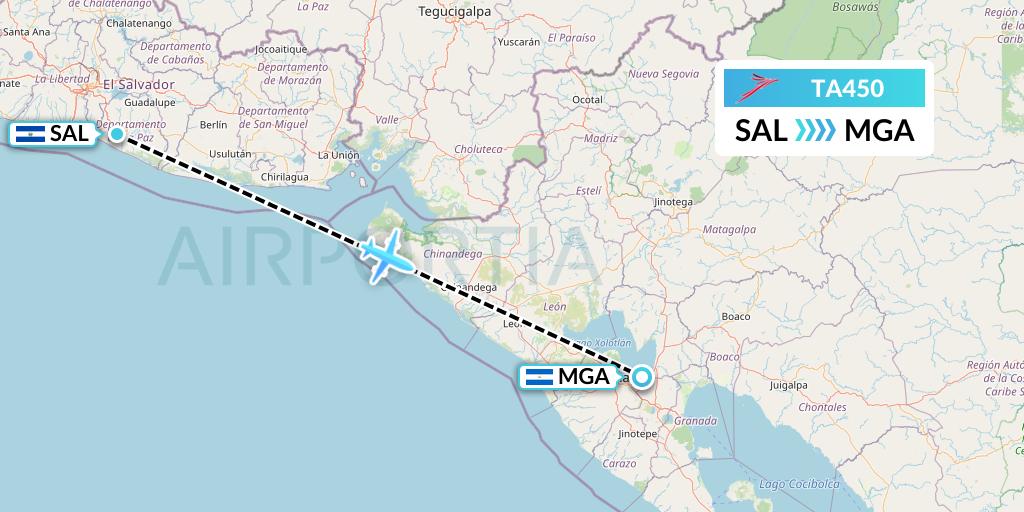 TA450 TACA Airlines Flight Map: San Salvador to Managua