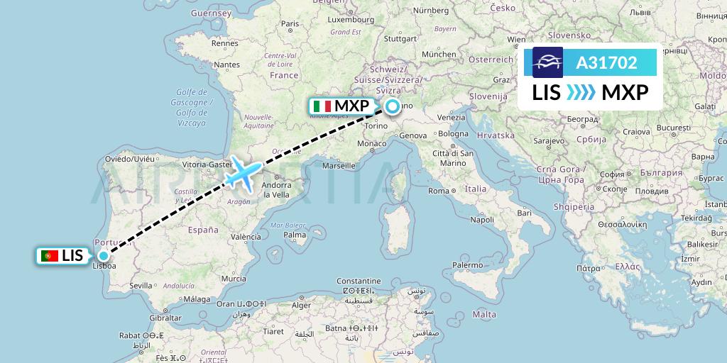 A31702 Aegean Airlines Flight Map: Lisbon to Milan