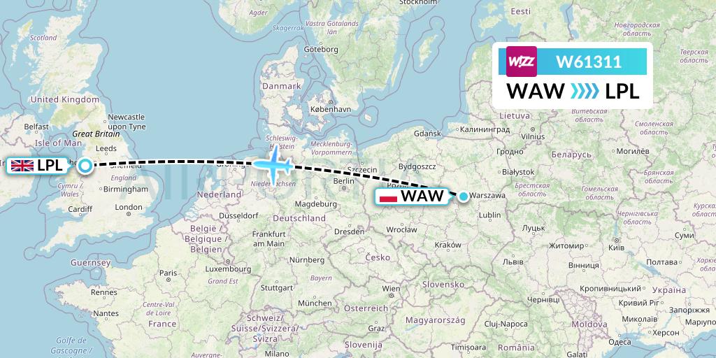 W61311 Wizz Air Flight Map: Warsaw to Liverpool
