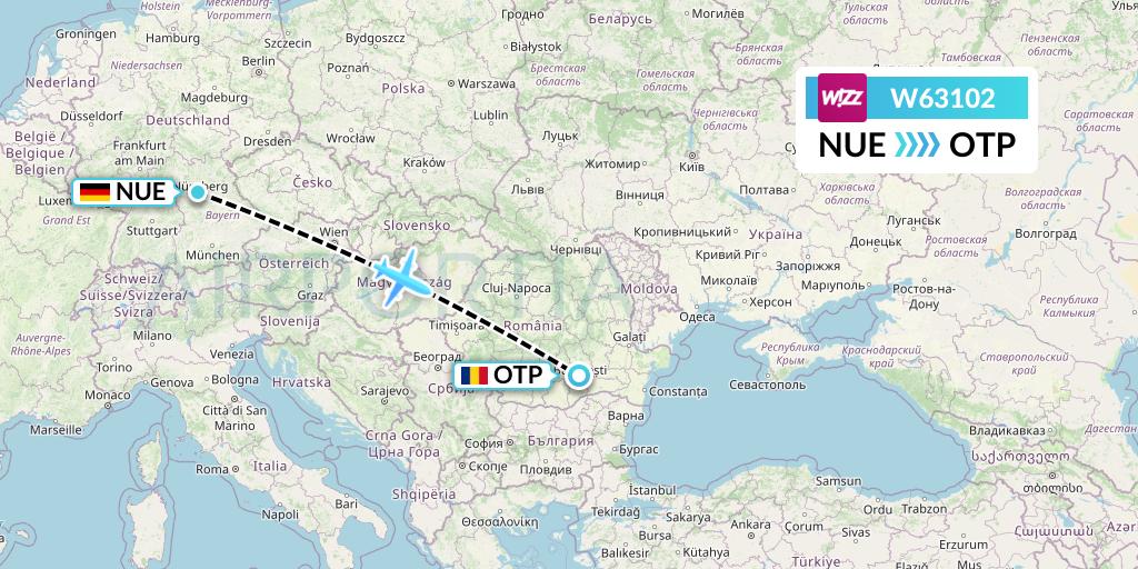 W63102 Wizz Air Flight Map: Nurnberg to Bucharest