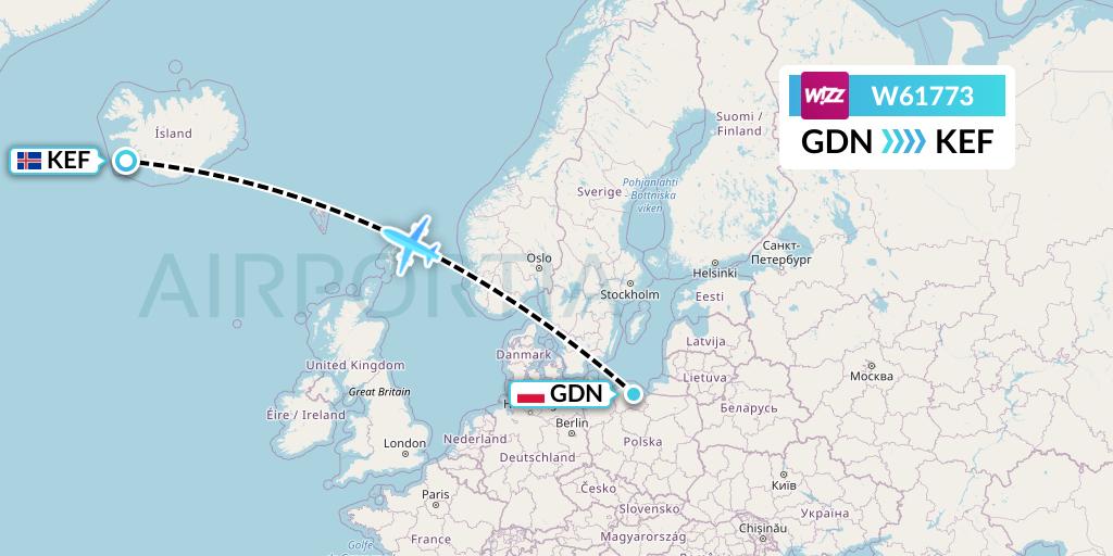 W61773 Wizz Air Flight Map: Gdansk to Reykjavik