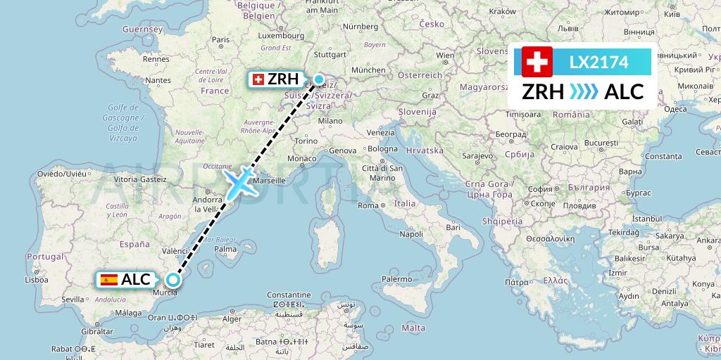 LX2174 Swiss Flight Map: Zurich to Alicante