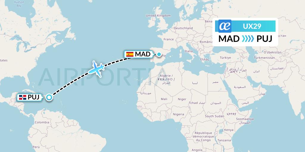 UX29 Air Europa Flight Map: Madrid to Punta Cana