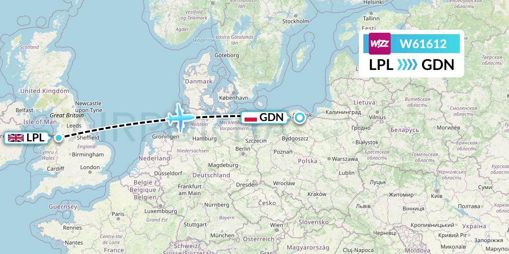 W61612 Wizz Air Flight Map: Liverpool to Gdansk