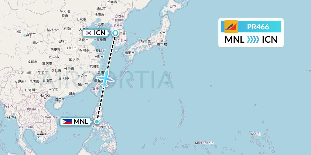 PR466 Philippine Airlines Flight Map: Manila to Seoul