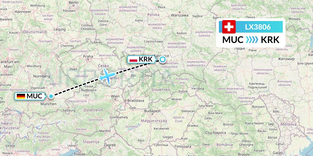 LX3806 Swiss Flight Map: Munich to Krakow