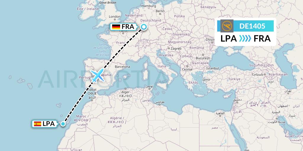 DE1405 Condor Flight Map: Las Palmas to Frankfurt