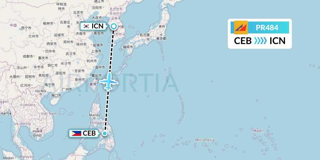 PR484 Philippine Airlines Flight Map: Cebu to Seoul