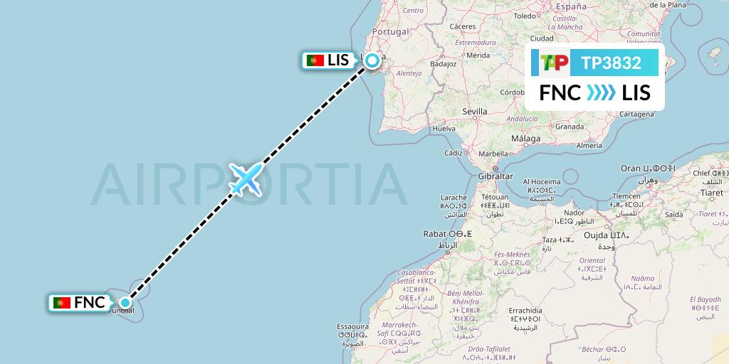 TP3832 TAP Portugal Flight Map: Funchal to Lisbon