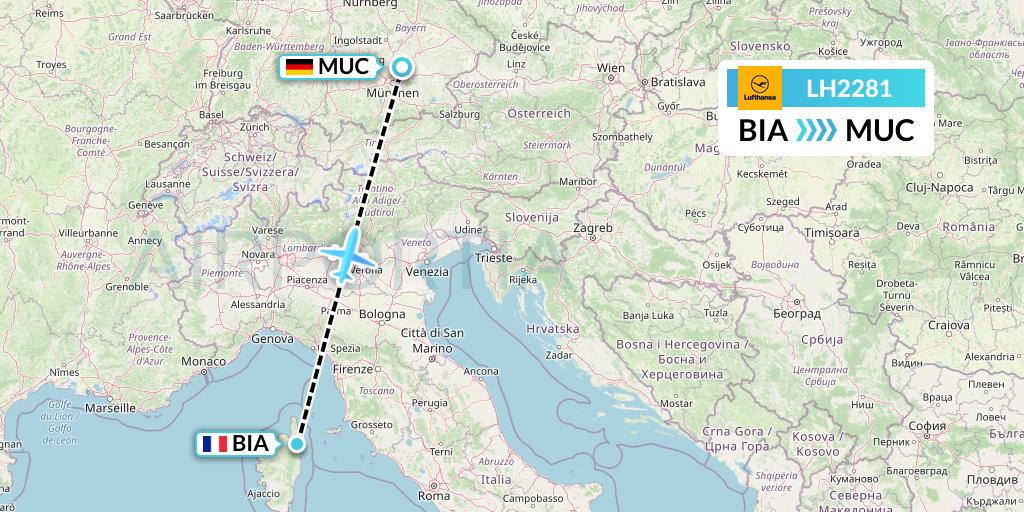 LH2281 Lufthansa Flight Map: Bastia to Munich