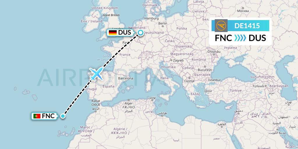 DE1415 Condor Flight Map: Funchal to Dusseldorf