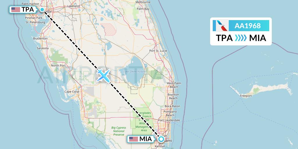 AA1968 American Airlines Flight Map: Tampa to Miami