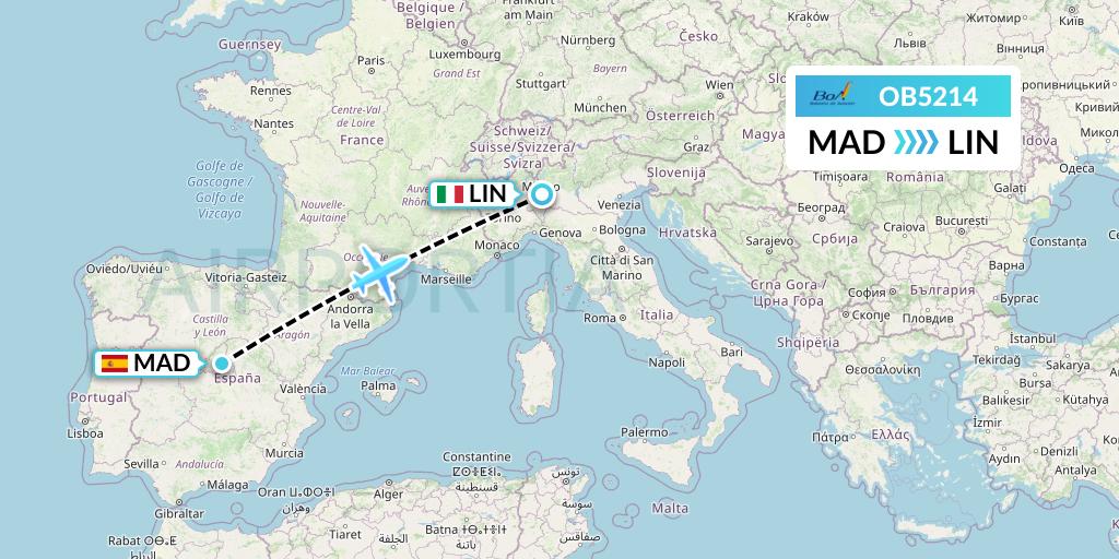 OB5214 Boliviana de Aviacion Flight Map: Madrid to Milan