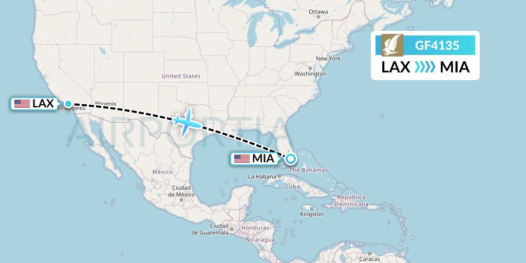 GF4135 Gulf Air Flight Map: Los Angeles to Miami
