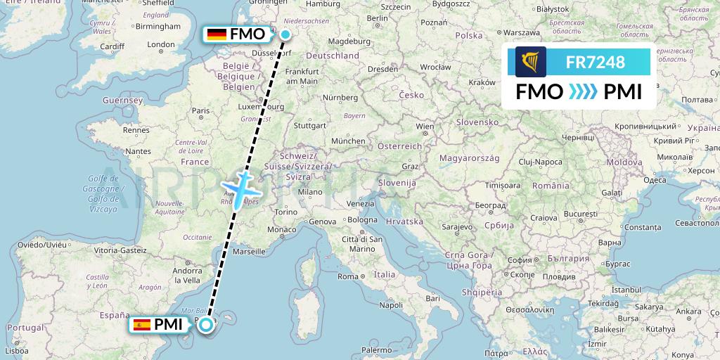 FR7248 Ryanair Flight Map: Munster to Palma de Mallorca