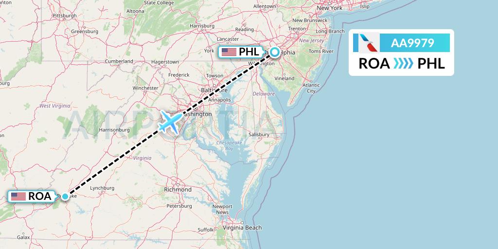 AA9979 American Airlines Flight Map: Roanoke to Philadelphia