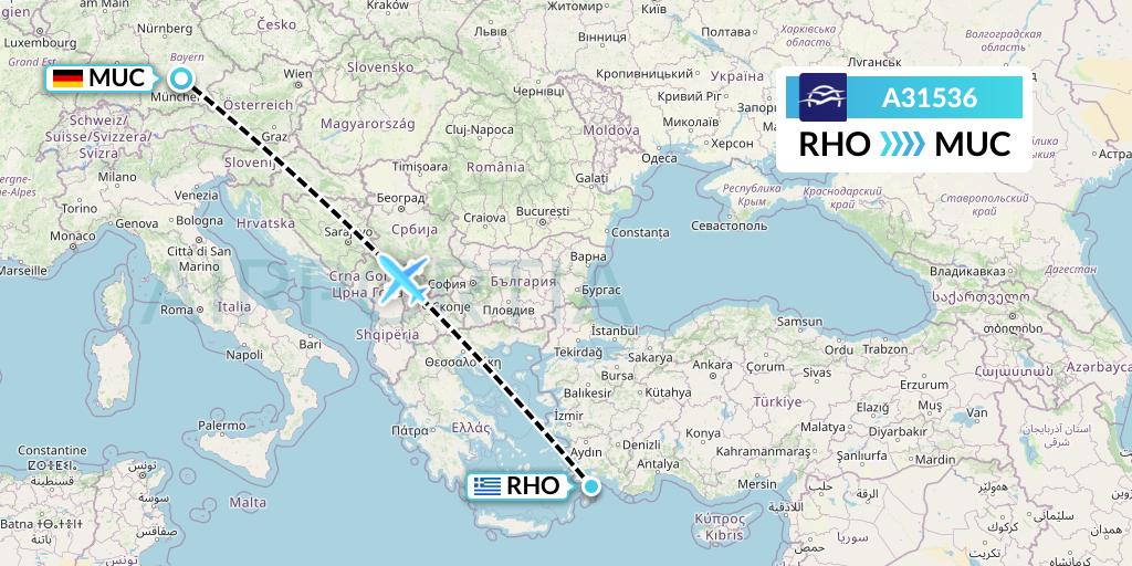 A31536 Aegean Airlines Flight Map: Rhodes to Munich