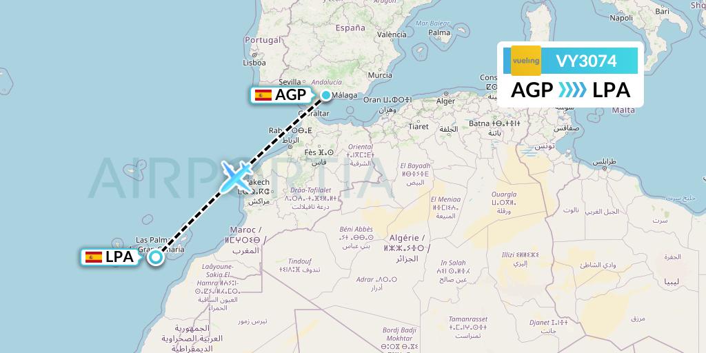 VY3074 Vueling Flight Map: Malaga to Las Palmas