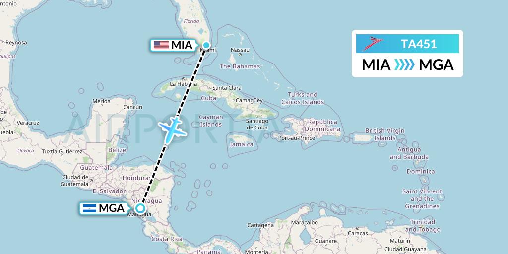 TA451 TACA Airlines Flight Map: Miami to Managua
