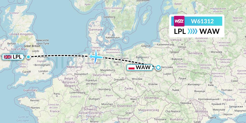 W61312 Wizz Air Flight Map: Liverpool to Warsaw