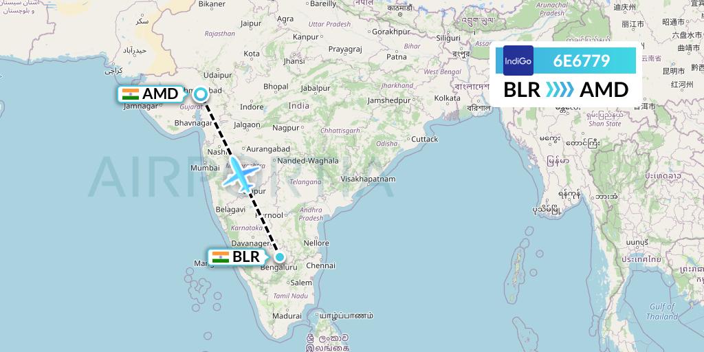 6E6779 IndiGo Airlines Flight Map: Bangalore to Ahmedabad
