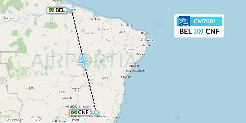CM7001 Copa Airlines Flight Map: Belem to Belo Horizonte