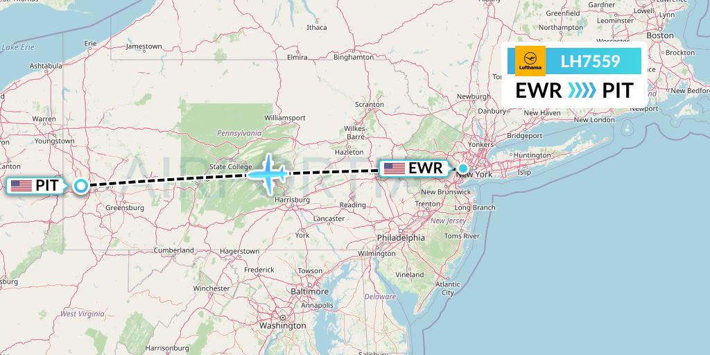 LH7559 Lufthansa Flight Map: New York to Pittsburgh