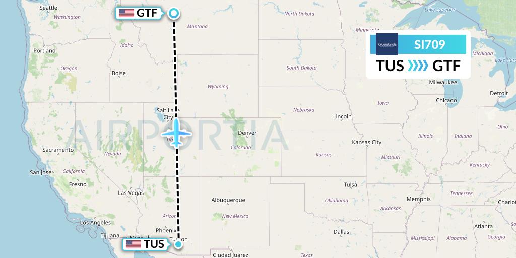 SI709 Blue Islands Flight Map: Tucson to Great Falls