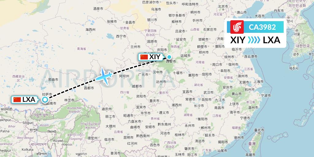 CA3982 Air China Flight Map: Xi'an to Lhasa