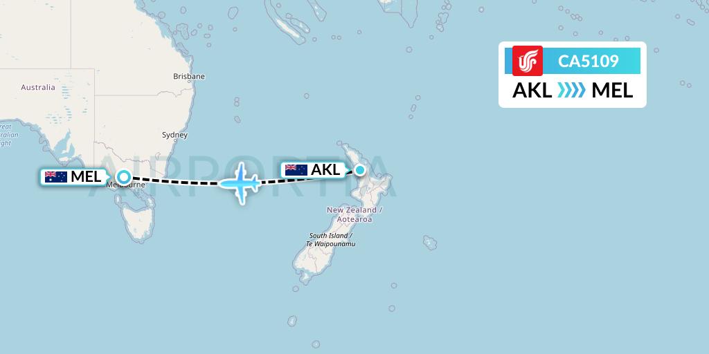 CA5109 Air China Flight Map: Auckland to Melbourne
