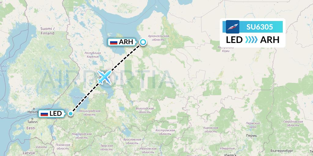 SU6305 Aeroflot Flight Map: St. Petersburg to Arkhangelsk