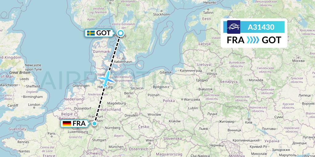 A31430 Aegean Airlines Flight Map: Frankfurt to Gothenburg
